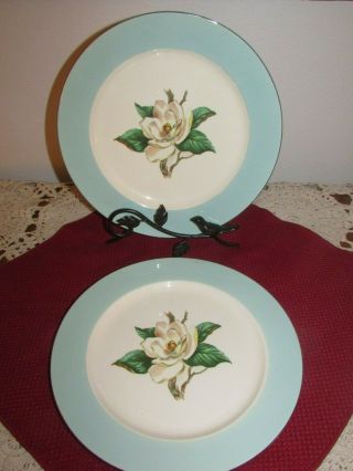 Lifetime China Co 2 Dinner Plates Turquoise W/magnolia Vintage Pristine 726