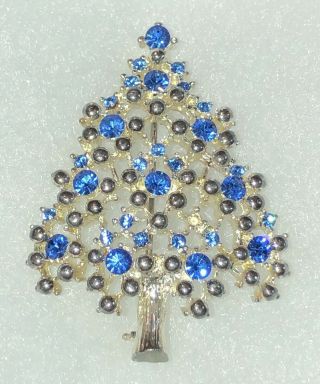 Vntg Eisenberg Ice - Christmas Tree Brooch Pin Blue Rhinestones - Rhodium Plating
