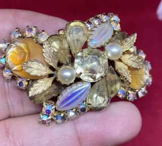 Vintage Gold Tone Carved Lucite Flower A.  B Rhinestone Pin Brooch