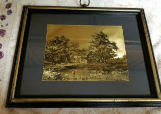 Vintage Framed Gold Foil Etching Art Prints Set Of 2 / Early American