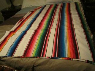 Vintage Large Mexican Serape Blanket With Bright Colors Tablecloth 86 X 63 Inch