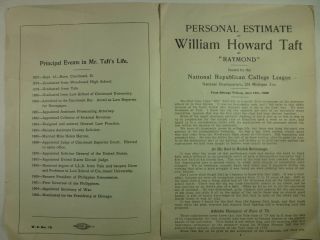 1908 WILLIAM HOWARD TAFT Campaign Brochure PERSONAL ESTIMATE by a YALE FRIEND 3
