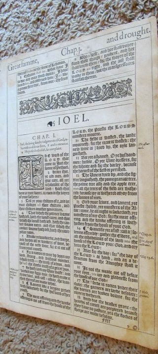 1611 - 13 King James Bible Leaf - Title Page To The Book Of Joel - Folio - Rare