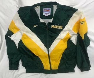 Vtg 90s Reebok Pro Line Nfl Green Bay Packers Full Zip Windbreaker Jacket Large