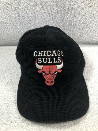 Vintage 90s Chicago Bulls Nba Basketball Black Corduroy Snapback Hat Jordan 1990