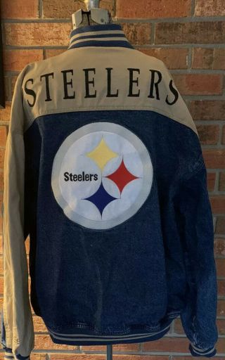 Vintage Pittsburgh Steelers Lee Sport Nfl Denim Varsity Jacket Sz Xl Embroidered
