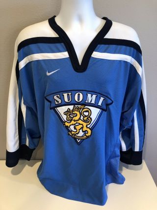 Vintage Nike Finland Suomi National Hockey Team Jersey Blue Mens Large The Lions