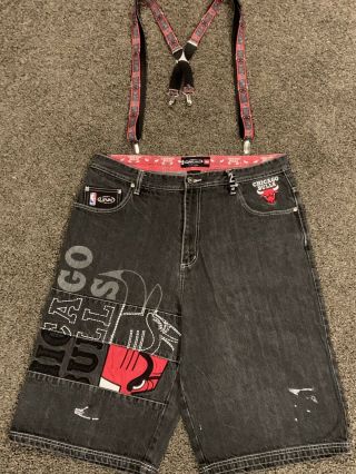 Vintage Nba Chicago Bulls Jean / Denim Shorts - Sz 36 & Bulls Suspenders
