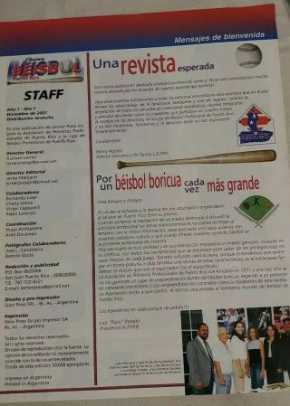 Revista (Magazin) Beisbol Puerto Rico Núm.  1 Temporada Invernal 2001 - 02 2
