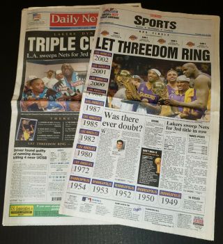 Kobe Bryant Shaq 2002 La Lakers Daily News Newspaper Triple Crown Champs 3 - Peat