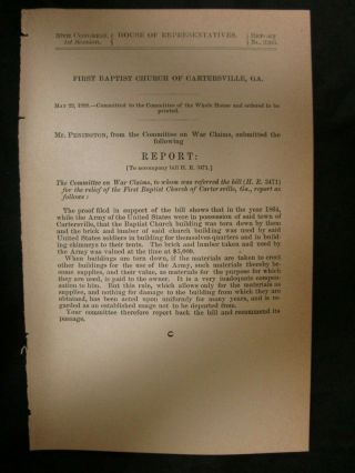 Government Report 5/22/1888 First Baptist Church Cartersville Georgia Civil War