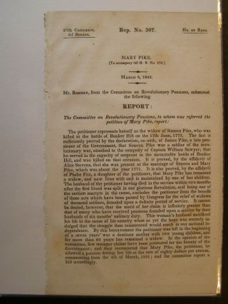 Government Report 1842 Simeon Pike Killed Bunker Hill Revolutionary War Pension