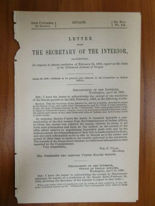 Government Report 4/30/1888 Tillamook Indians Oregon Land Claims Native American