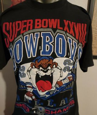 Vtg 1993 Nfl Dallas Cowboys Bowl Champs Xxvlll Looney Tunes Taz T - Shirt Xl