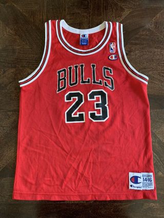 Kids Vintage Champion Red Michael Jordan Chicago Bulls 23 Jersey Size L 14 - 16