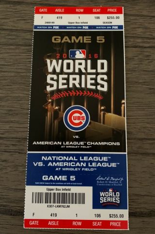 Chicago Cubs 2016 World Series Game 5 Ticket Stub Wrigley Field