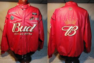 Nascar Bud Budweiser Dale Earnhardt Jr Vintage Embroidered Red Leather Jacket