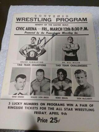 Pittsburgh Civic Arena Wrestling Program Signed By Bruno 1965 Bruno Vs.  Miller