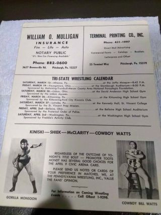 Pittsburgh Civic Arena Wrestling Program signed by Bruno 1965 Bruno vs.  Miller 3