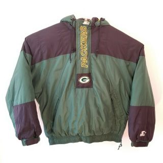 Green Bay Packers Nfl Vintage Mens Starter Pullover Hooded Jacket Size Large