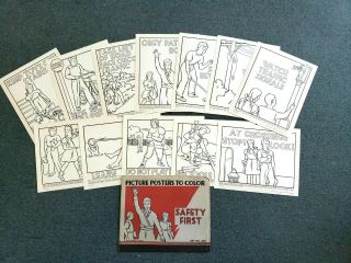 Safety First Picture Posters To Color Set No.  526 Vintage 1950 Beckley - Cardy