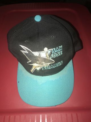 Vtg 90s San Jose Sharks Blockhead Snapback Hat American Needle Shark Bite Logo