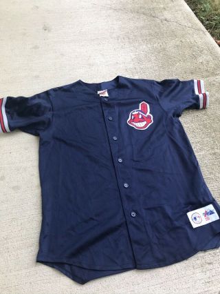 Cleveland Indians Chief Wahoo Majestic Vintage Button Up Blue Jersey Large