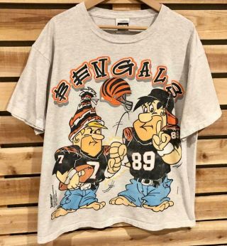 Vtg 90s Flintstones Fred Barney 1993 Cincinnati Bengals Nfl Cartoon T Shirt Xl