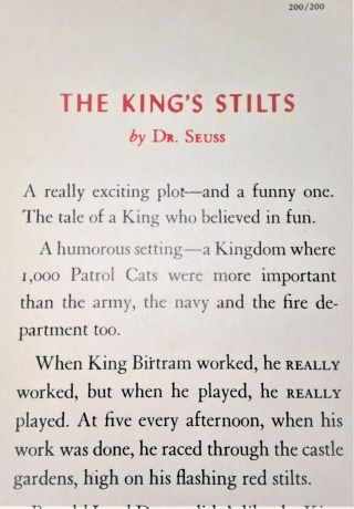 2 Dr.  Suess Books; The King ' s Stilts 1939 Duenewald Random House,  Thidwick 1948 3