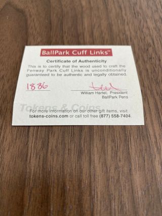 Fenway Park Seat Cuff Links Boston Red Sox Certificate of Authenticity 2