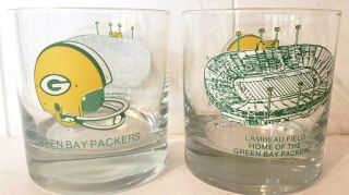 Two Vintage Nfl Green Bay Packers Whiskey Glasses - 2 Bar Helmet Lambeau Field