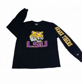 Lsu Tigers Champion Mens T - Shirt Black Long Sleeve Crew Neck 100 Cotton Tee L