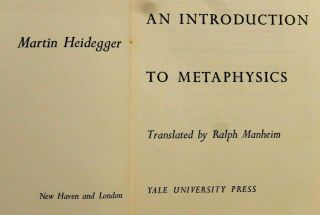 Martin Heidegger: An Introduction To Metaphysics (in English) Hc.  Philosophy