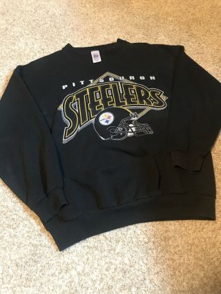 Pittsburgh Steelers Logo 7 Vintage Black Crewneck Sweatshirt Distressed Large