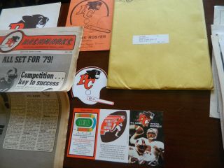 1979 BC Lions training camp guide mailorder envelope sticker &schedule,  insert, 3