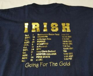 Notre Dame Irish Football 1992 Schedule Blue T - Shirt Men XL Going For The Gold 2