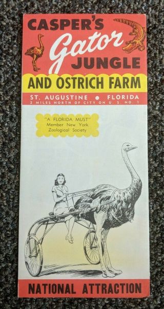Vintage Casper ' s Alligator Jungle Ostrich Farm Pamphlet St.  Augustine Florida 2