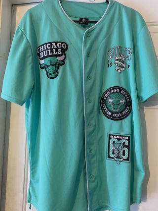Rare Chicago Bulls Baseball Jersey Shirt Mens Large Neon Teal Green Button Front