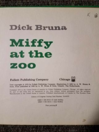 Miffy at the Zoo by Dick Bruna 1970 Hardcover First Printing Book 3