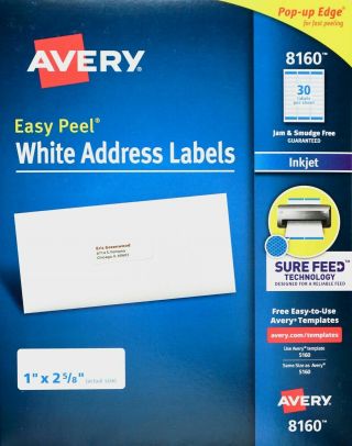 Avery 8160 White Address Label Inkjet Easy Peel Pop - Up Edge,  1 " X 2 5/8 " Ave8160