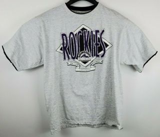 Vintage 90s Colorado Rockies Big Logo Flip Cuff T Shirt Sz Xl Gray 1992 Lined