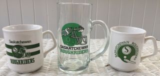 Vintage Cfl Saskatchewan Roughriders 90s Glass Beer Mug & (2) 80s Coffee Mugs