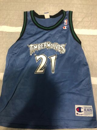 Vintage 90s Minnesota Timberwolves Kevin Garnett 21 Champion Jersey Youth Xl