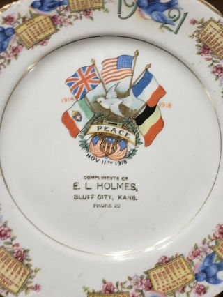 Vintage 1921 Calender Plate E.  L.  Holmes Bluff City Kansas World War 1 Souvenir 2