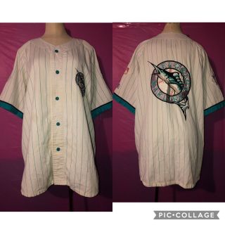 Vintage Florida Marlins Throwback Baseball Pinstripe Starter Jersey Xl Mlb Rare