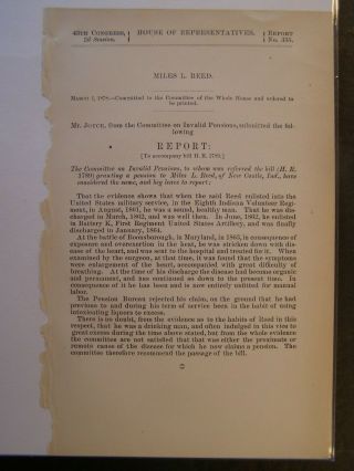 Gov Report 1878 Miles L Reed Of Castle In 8th In Vol Reg Civil War Pension