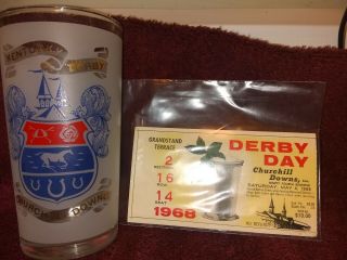 1968 Kentucky Derby Glass With Churchill Downs Ky Derby Ticket