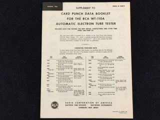 Vintage 1963 Rca Wt - 110a Electron Tube Tester Card Punch Data Supplement Booklet