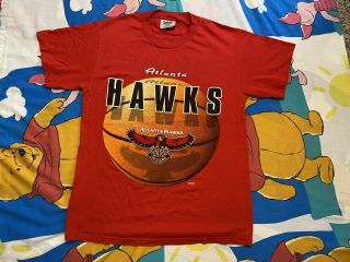 Vintage 90s Nutmeg Mills Atlanta Hawks Nba Basketball T Shirt Size Medium