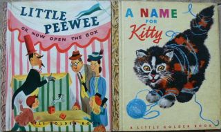 2 Vintage Little Golden Books Name For Kitty,  Little Peewee Or Now Open The Box